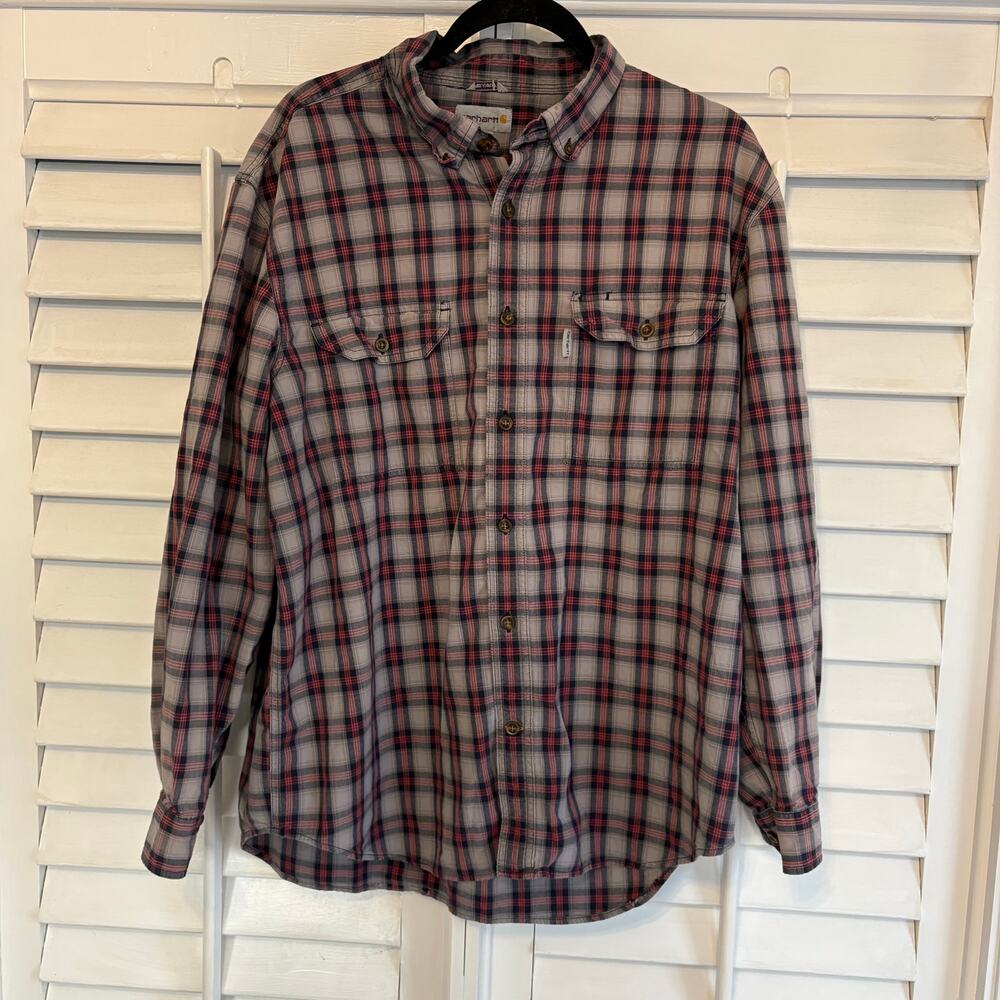Carhartt Relaxed Fit Gray And Red Plaid Button Down Size XL‎